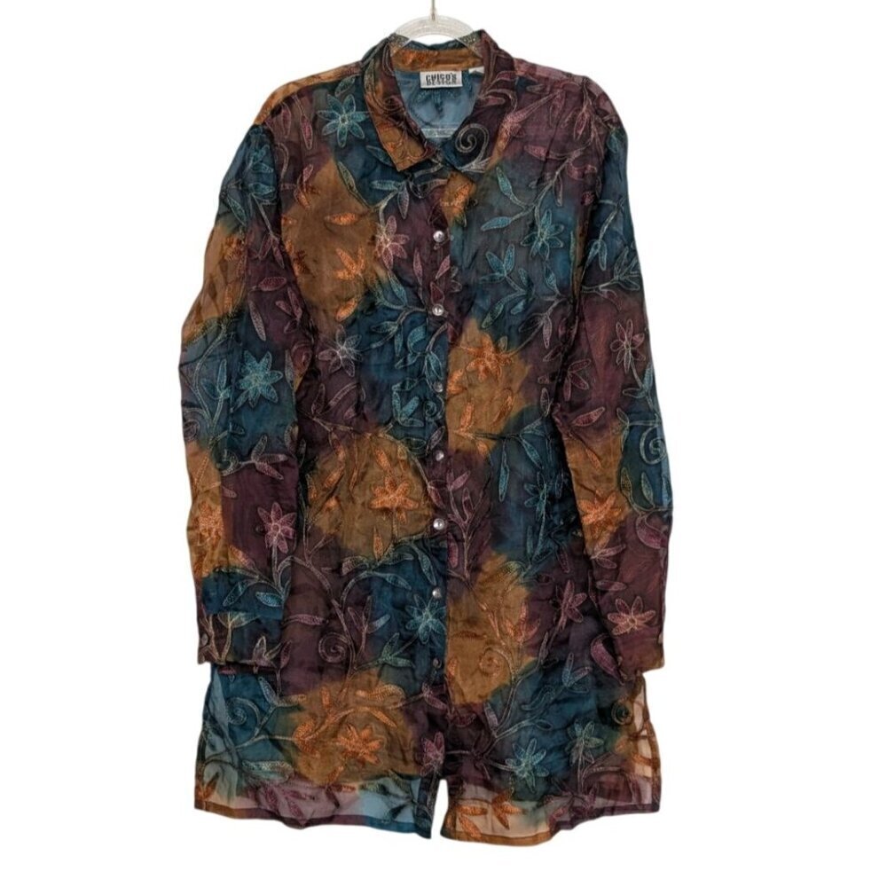 Chicos Design 2 Silk Floral Embroidered Shirt Womens Size Large Sheer Longline